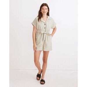 Madewell Women's Ashen Sage Green Seersucker Camp Romper Size XL